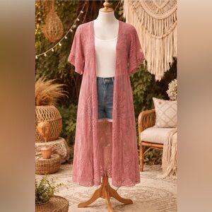 Rebellion Again Dusty Rose Lace Open Duster Overlay Medium Boho Flutter Sleeve